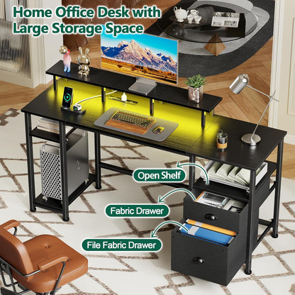 61" Gaming Desk with Power Outlets & LED Lights, Reversible Computer Desk with File Cabinet & Monitor Stand for Home Office, Large Work Table with Storage Shelves & Drawer, Black