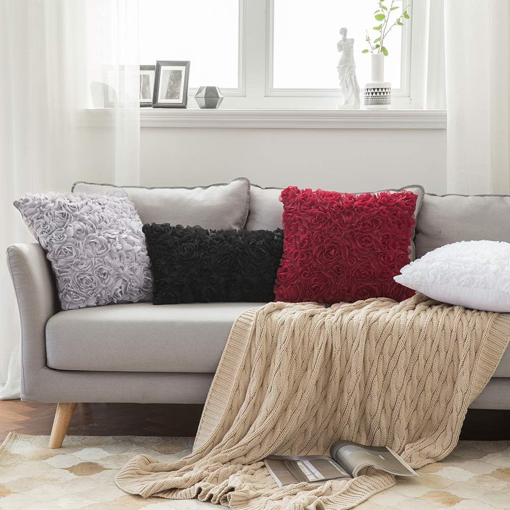 Pack of 2 3D Decorative Christmas Romantic Stereo Chiffon Rose Flower Pillow Covers Solid Square Festival Pillowcases for Valentines Day Sofa Bedroom Car 18X18 Inch Wine Red Wedding