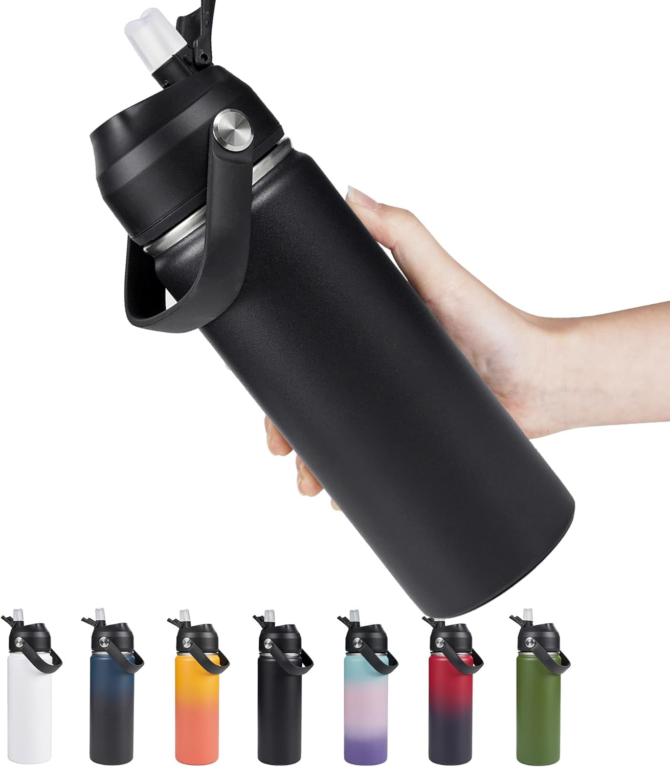 18Oz Insulated Stainless Steel Water Bottle, Wide Mouth Double Wall Vacuum, Silicone Straw, Sweat & Leak Proof, BPA Free Insulated Water Flask for Travel, Keep Cold 24H Hot 12H, Black