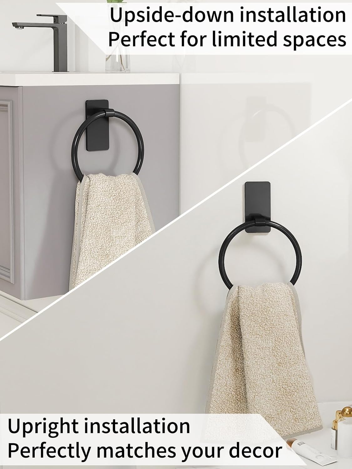 Adhesive Towel Ring, Hand Towel Holder for Bathroom Wall Mounted, Adhesive round Towel Ring for Bath RV, Black