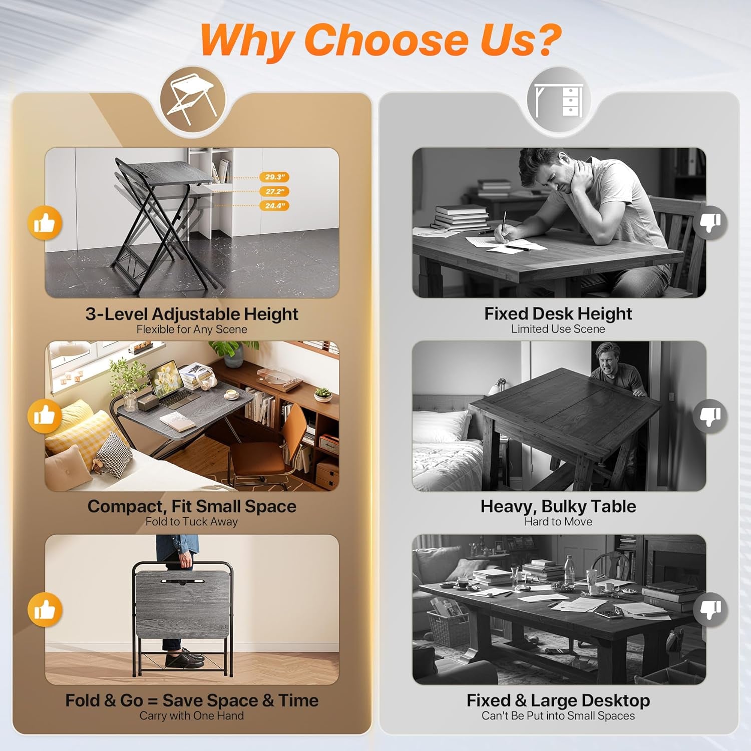 Folding Desk with Adjustable Height and Tablet Slot, 24-Inch Compact Computer Desk for Small Spaces, Space-Saving Writing Table for Home Office, Bedroom, and Study, Grey