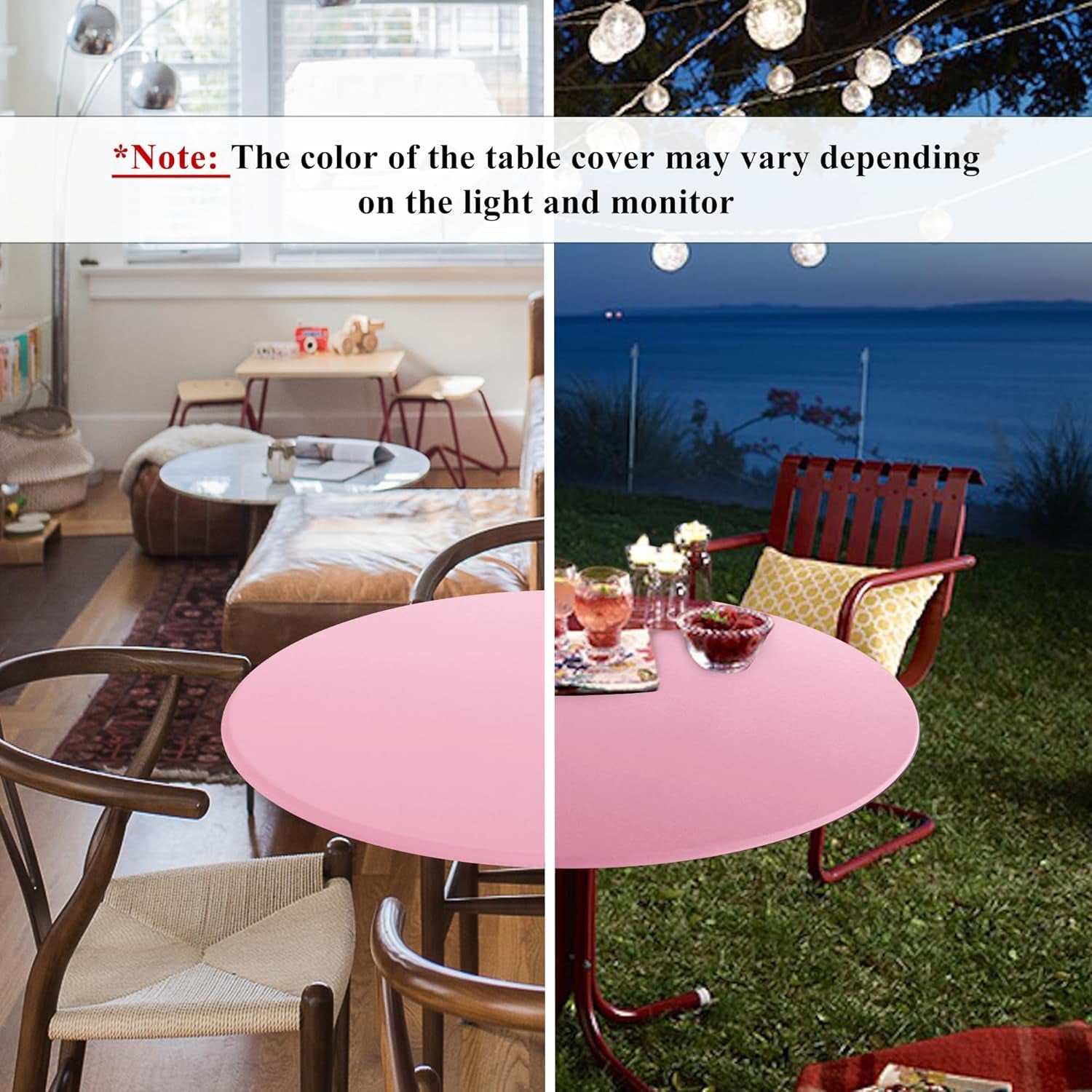 Fitted round Table Cloth, Reversible Waterproof Stain Resistant Elastic Stretch Tablecloth, Wipe Clean Table Cover for Outdoor/Indoor Use, Fits round Tables up to 40" - 44" Diameter, Baby Pink