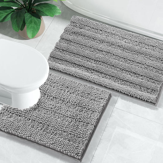 Bathroom Rugs Sets 2 Piece, Soft Absorbent Chenille Bath Mat and U-Shaped Toilet Rug, Non Slip Machine Washable Quick Dry, Plush Shower Rugs for Bathroom Floor, 24"X17"+24"X20", Gray