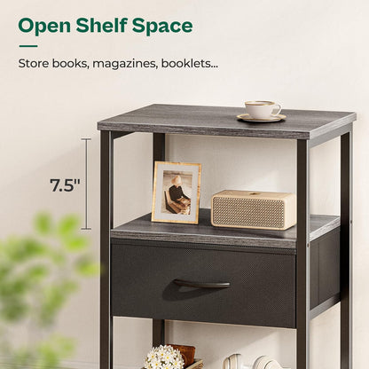 Charcoal Gray Nightstand with Fabric Drawer and Open Mesh Shelf, Metal Frame Side Table for Bedroom and Living Room