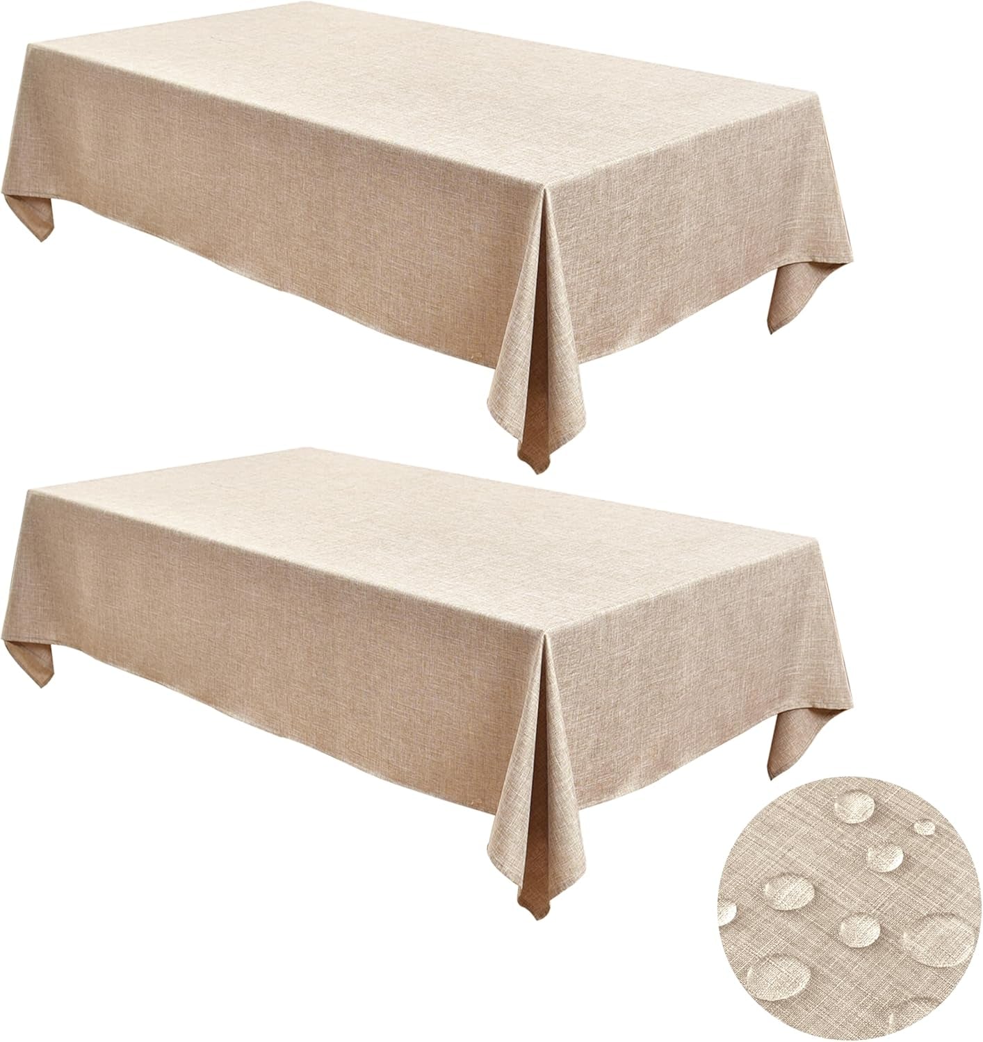 Faux Linen Rectangle Tablecloths - Water and Stain Resistant Farmhouse Style, Washable Burlap Texture, 2-Pack (52x70 Inches, Beige)