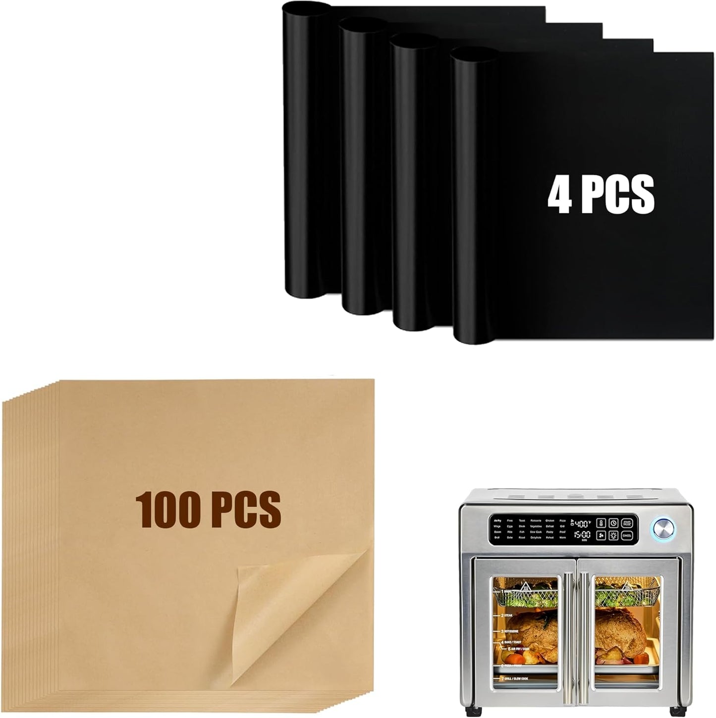 Air Fryer Liners Compatible with Emeril Lagasse 26 QT Extra Large Air Fryer, 100 PCS Unbleached Parchment Paper Disposable with 4 PCS Airfryer Oven Liners for Emeril Lagasse Accessories