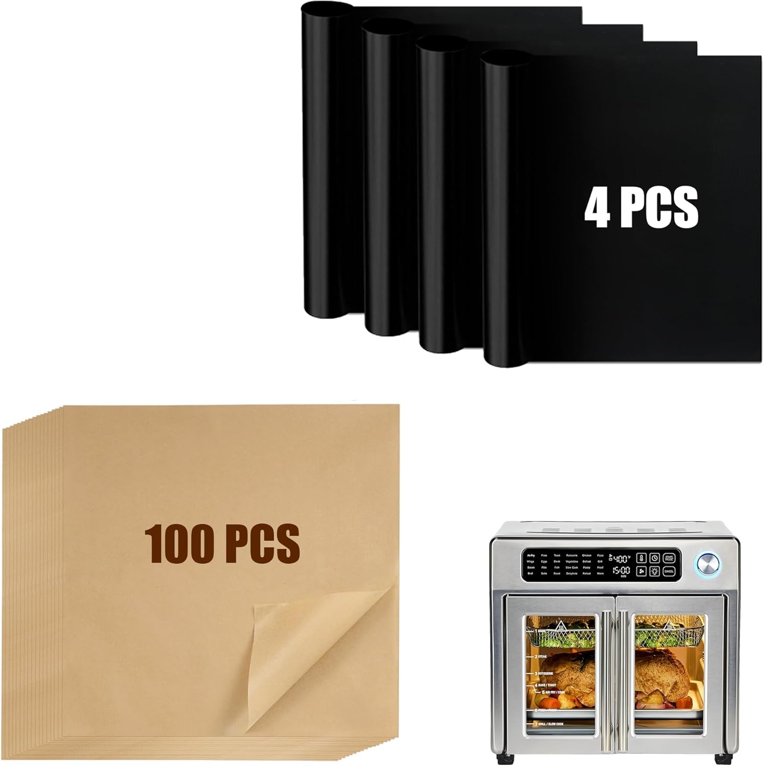 Air Fryer Liners Compatible with Emeril Lagasse 26 QT Extra Large Air Fryer, 100 PCS Unbleached Parchment Paper Disposable with 4 PCS Airfryer Oven Liners for Emeril Lagasse Accessories