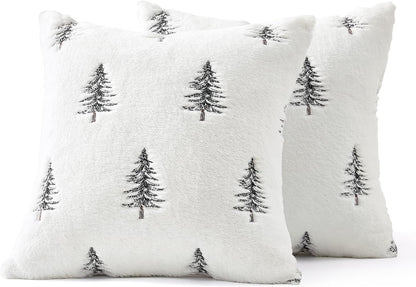 Christmas Decorative Pillow Covers Set of 2 Faux Fur Throw Pillows with Embroidered Christmas Tree 18X18 Inch White Black Winter Couch Covers for Festival Sofa Bedroom Living Room Home Decor