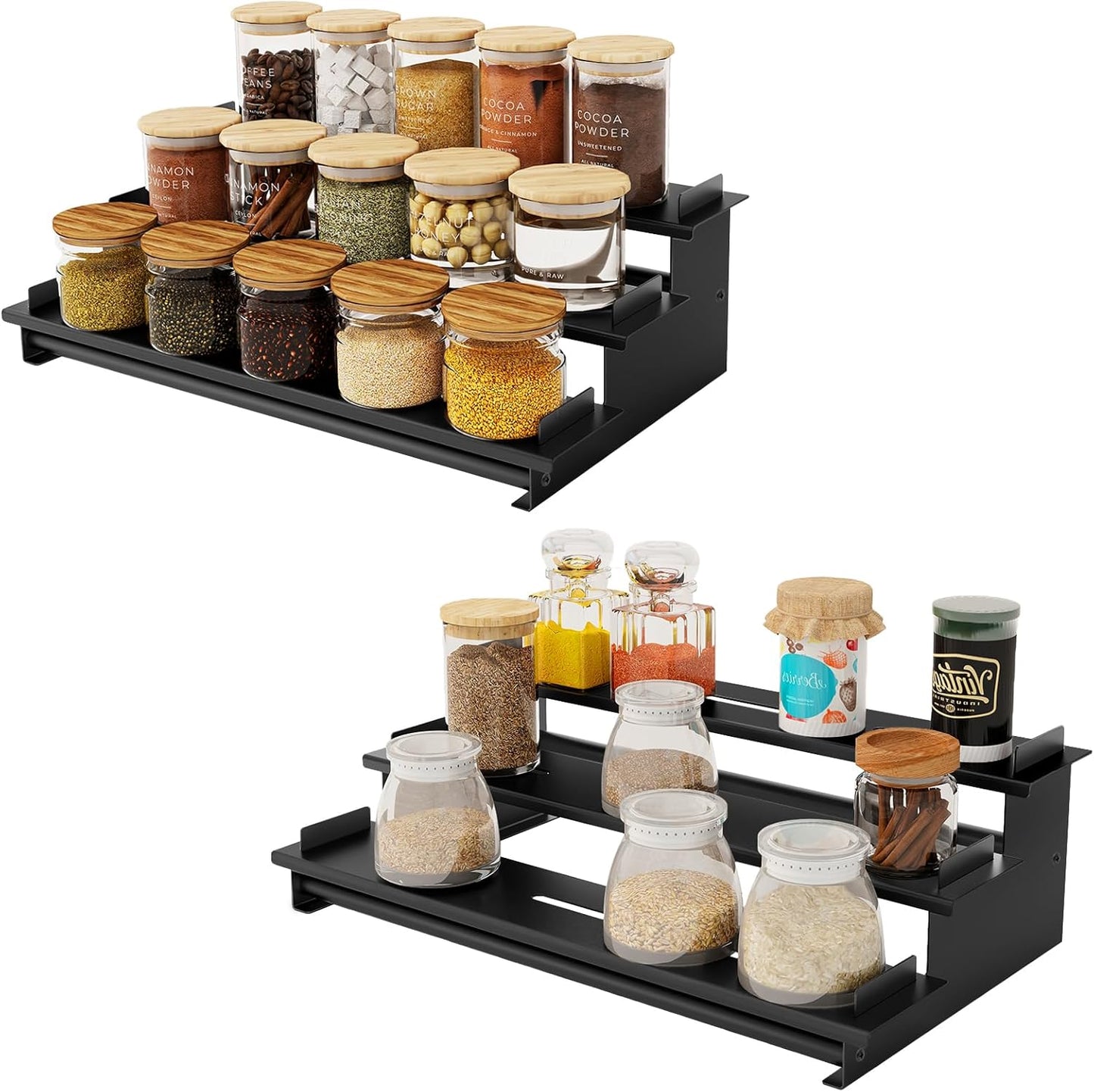 2 Pack Spice Rack Organizer for Cabinet, 3 Tier Seasoning Organizer, Metal Step Shelf Countertop Spice Racks for inside Cabinets, Kitchen, Black
