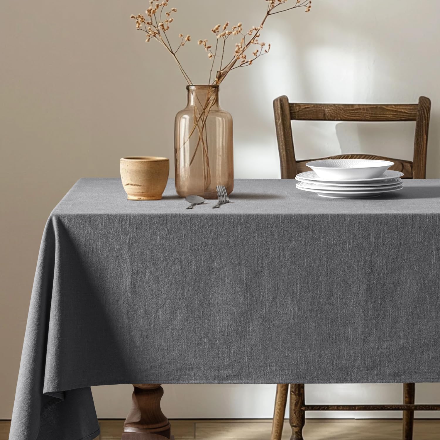 Linen Cotton Blend Tablecloth Rectangle, Luxury Waterproof Stain Resistant Durable Farmhouse Oblong Table Cloth for Dining Party Christmas Weddings Birthday, 52 X 84 Inch, Light Grey
