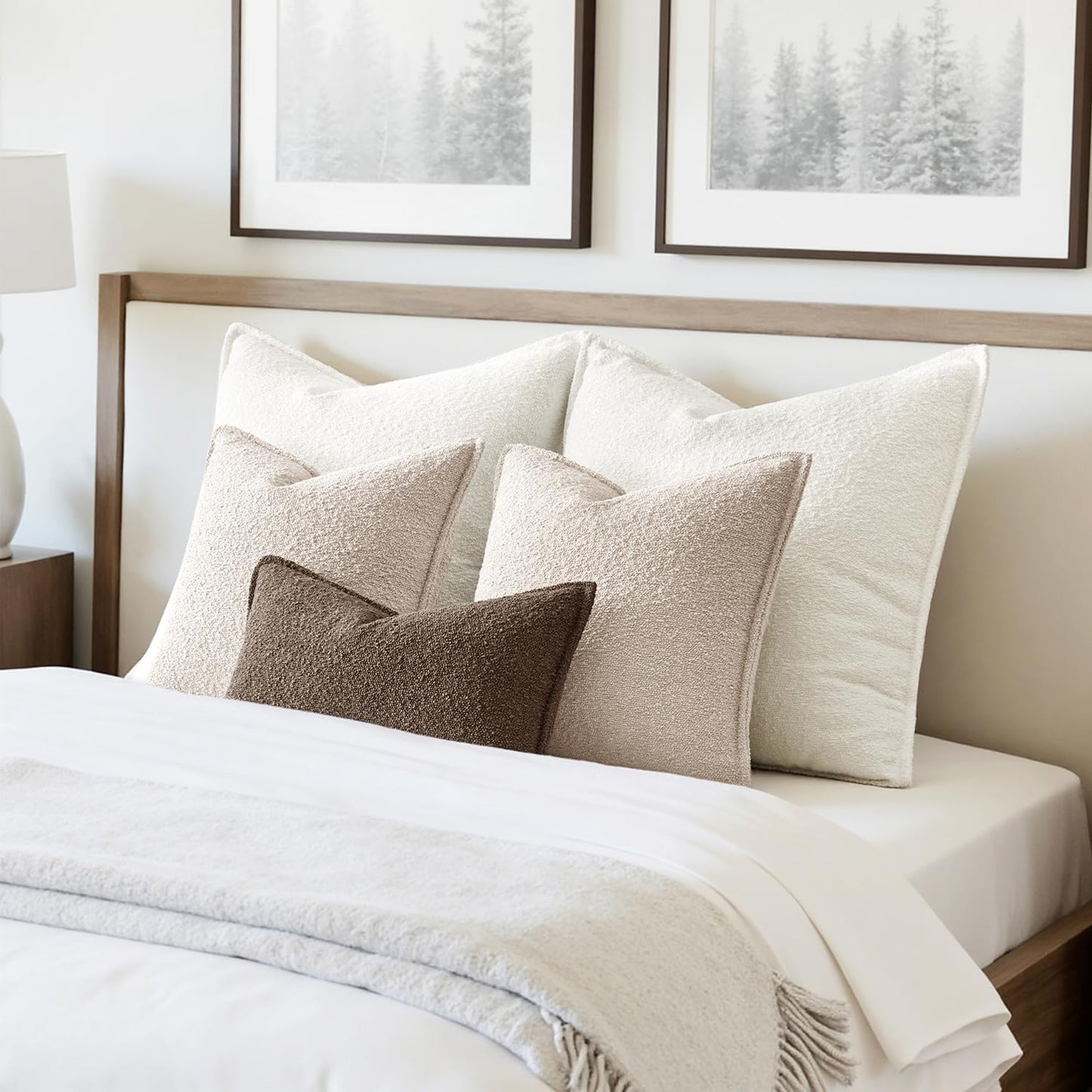 Pack of 2 Decorative Textured Boucle Throw Pillow Covers 18X18 Inch Natural Beige Broadside Thick Boho Pillows for Farmhouse Accents Sofa Couch Bedroom Living Room Home Decor