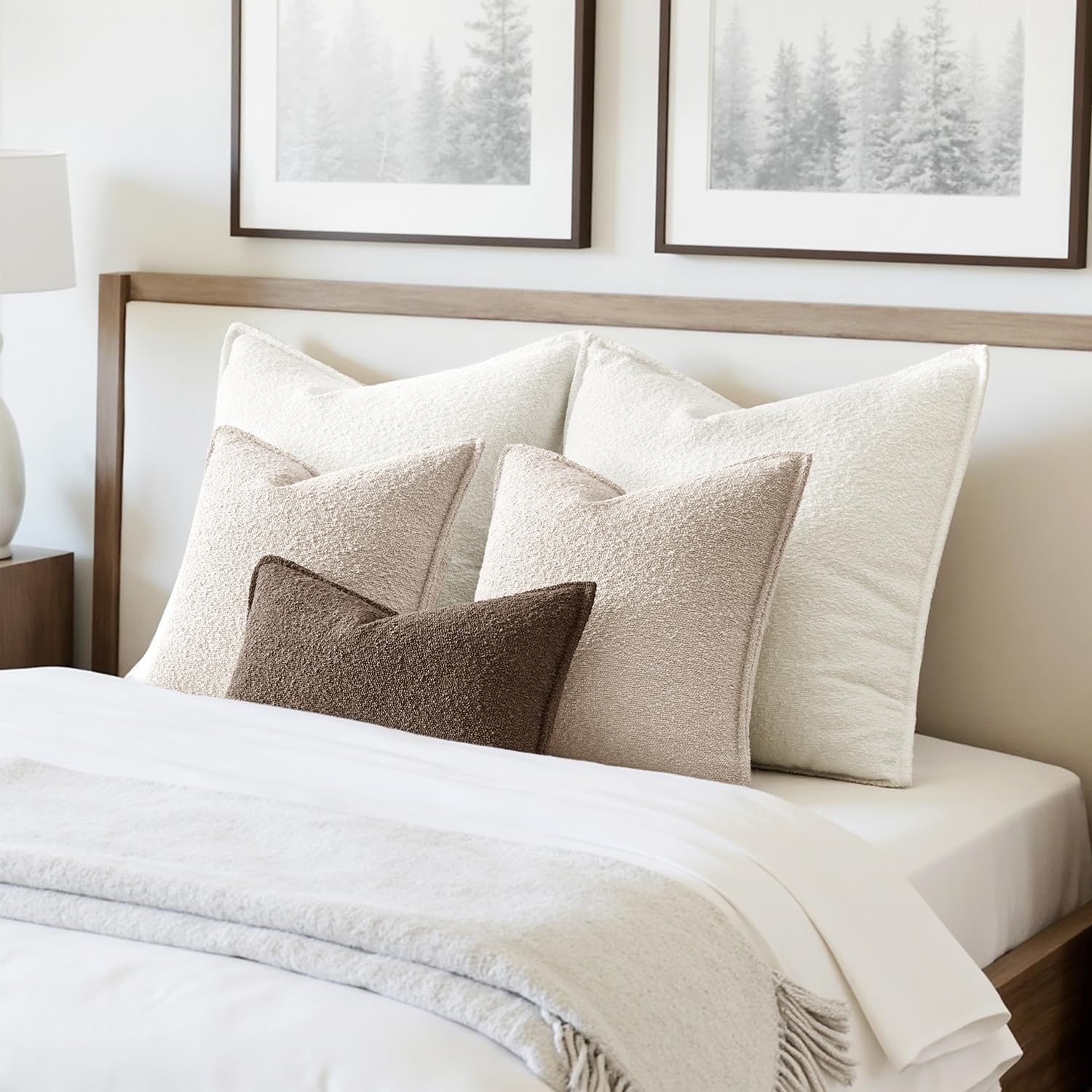 Pack of 2 Decorative Textured Boucle Throw Pillow Covers 18X18 Inch Natural Beige Broadside Thick Boho Pillows for Farmhouse Accents Sofa Couch Bedroom Living Room Home Decor