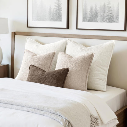 Pack of 2 Decorative Textured Boucle Throw Pillow Covers 18X18 Inch Natural Beige Broadside Thick Boho Pillows for Farmhouse Accents Sofa Couch Bedroom Living Room Home Decor