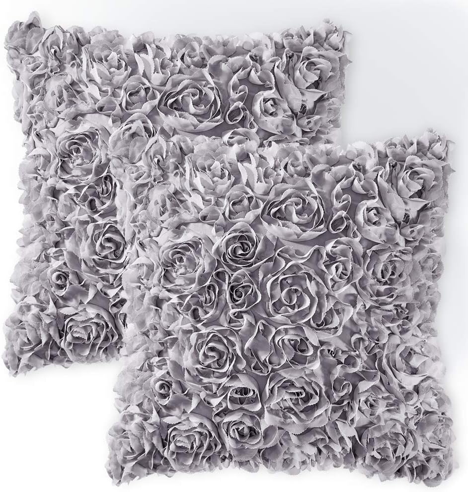 Pack of 2 3D Decorative Romantic Stereo Chiffon Rose Flower Pillow Covers Solid Square Pillowcases for Valentines Day Decoration Sofa Bedroom Car 16X16 Inch 40X40Cm Grey Wedding