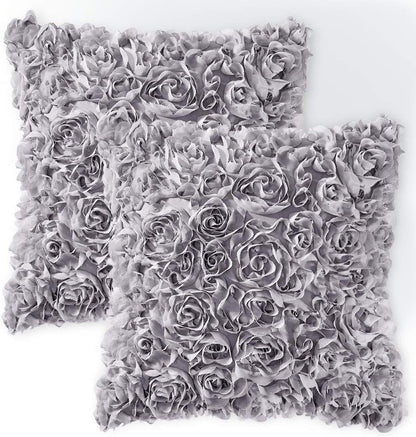 Pack of 2 3D Decorative Romantic Stereo Chiffon Rose Flower Pillow Covers Solid Square Pillowcases for Valentines Day Decoration Sofa Bedroom Car 16X16 Inch 40X40Cm Grey Wedding