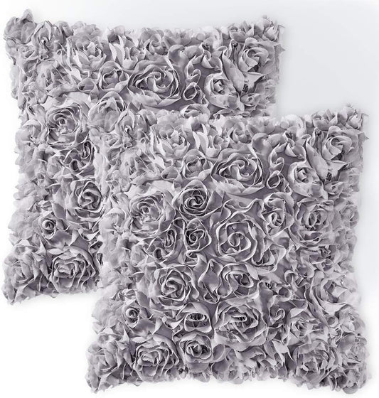Pack of 2 3D Decorative Romantic Stereo Chiffon Rose Flower Pillow Covers Solid Square Pillowcases for Valentines Day Decoration Sofa Bedroom Car 16X16 Inch 40X40Cm Grey Wedding