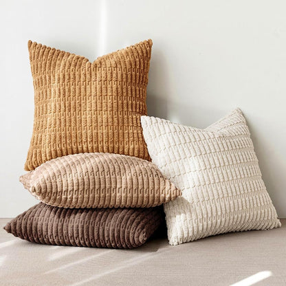 Pack of 4 Neutral Corduroy Decorative Throw Pillow Covers 18X18 Inch for Sofa Living Room Couch Bed Rustic Farmhouse Boho Soft Striped Pillow Covers Home Decor Brown