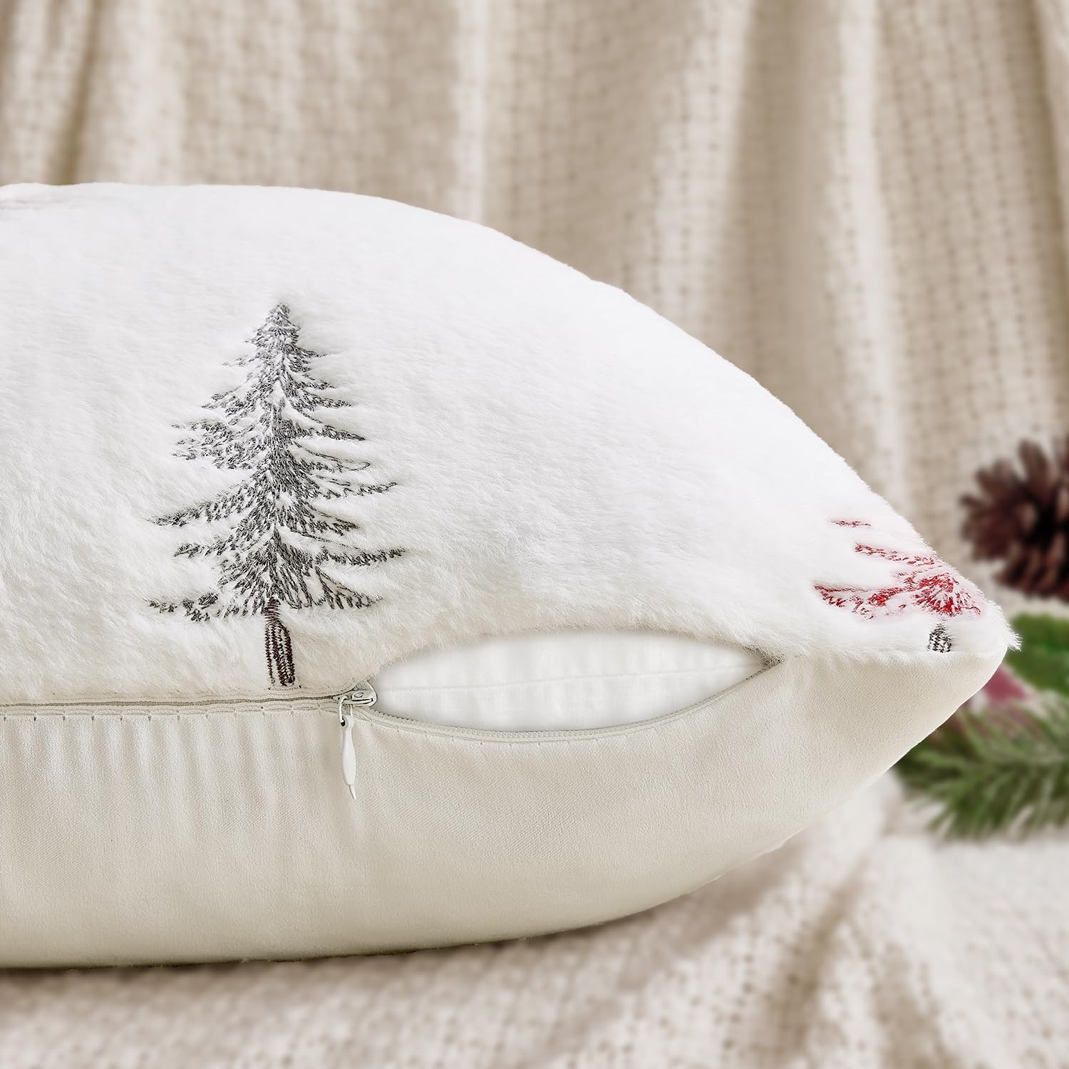 Christmas Decorative Pillow Covers Set of 2 Faux Fur Throw Pillows with Embroidered Christmas Tree 18X18 Inch White Red Winter Couch Covers for Festival Sofa Bedroom Living Room Home Decor