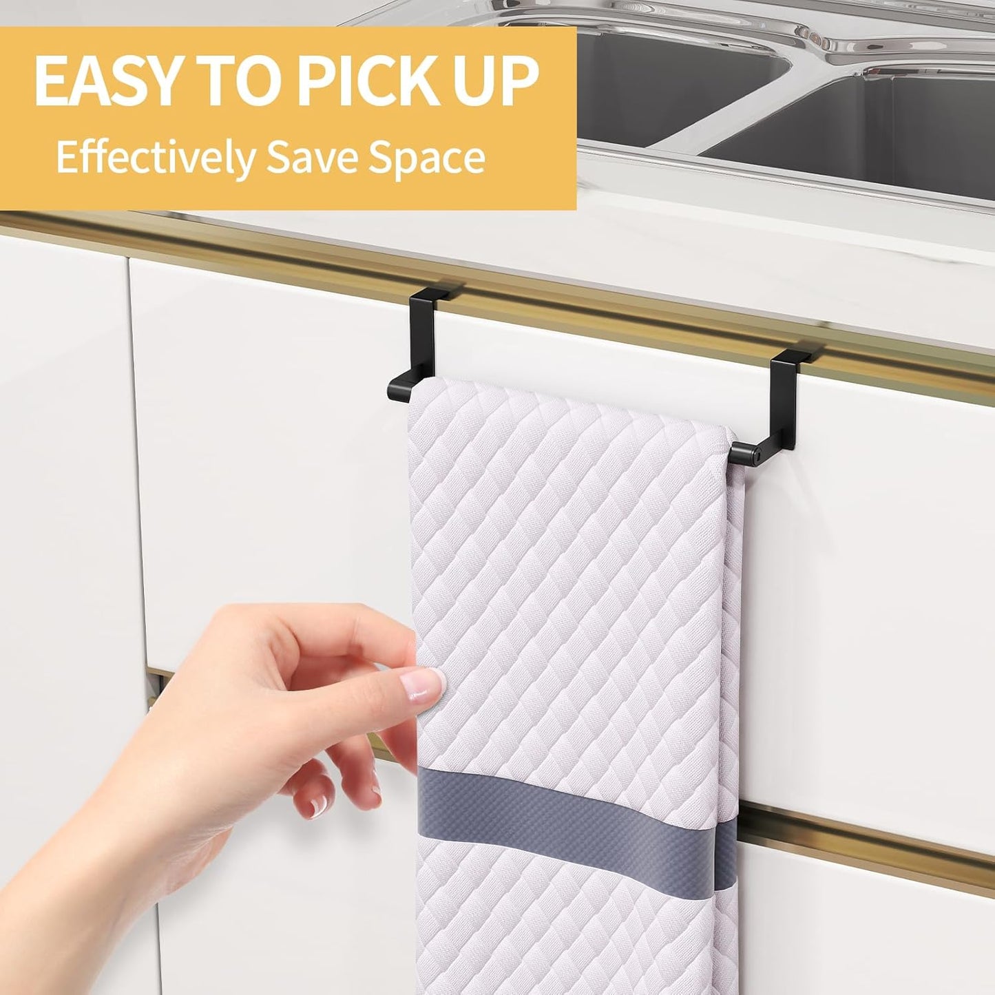 Over the Door Towel Rack, Kitchen Towel Holder over Cabinet Door Towel Bar Stainless Steel for Cupboard for Kitchen Dish Towel Holder Hanger, 2 Pack (Black)