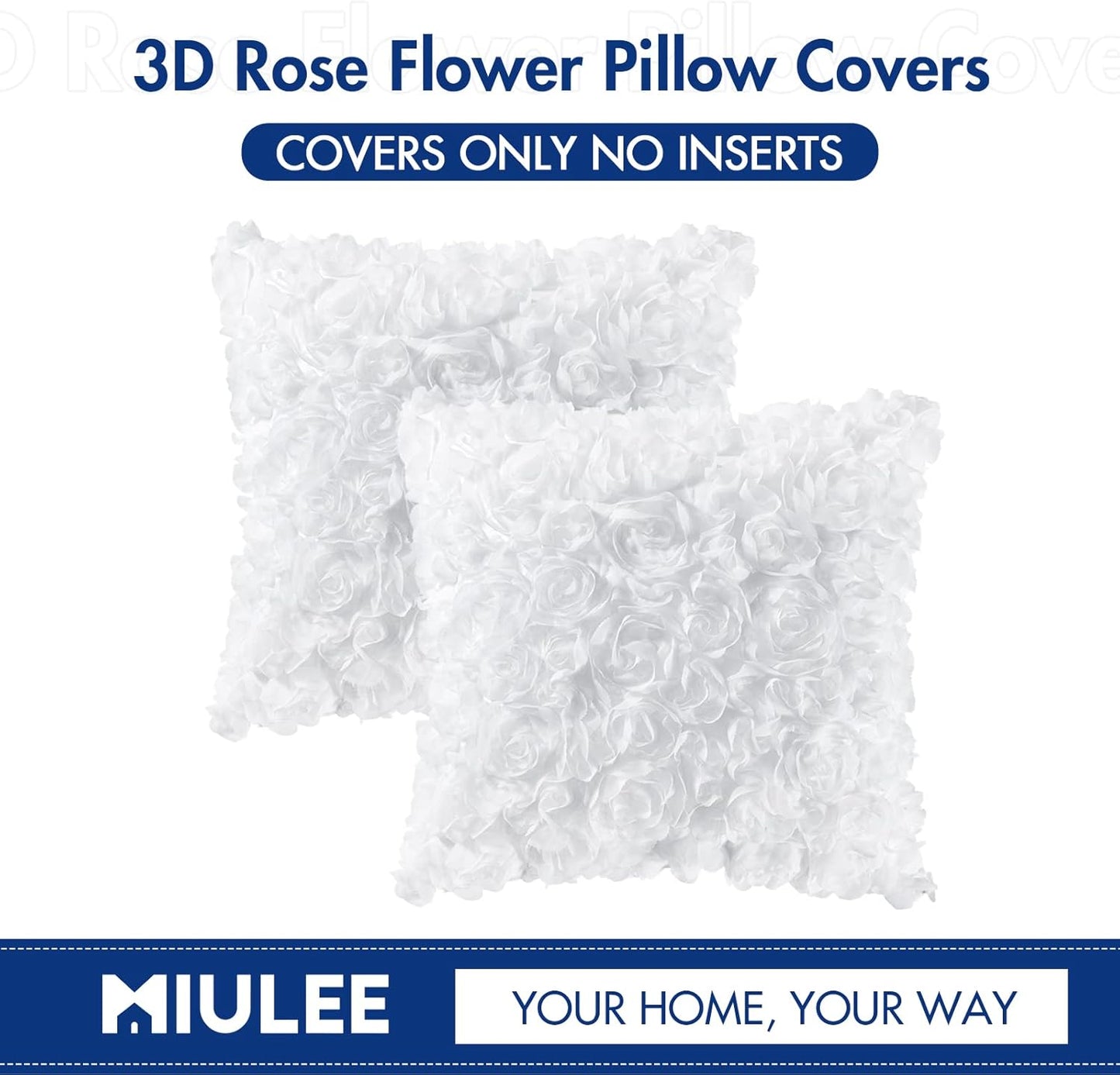 Pack of 2 3D Decorative Spring Romantic Stereo Chiffon Rose Flower Pillow Covers Solid Square Pillowcases for Valentines Day Decoration Sofa Bedroom Car 16X16 Inch 40X40Cm White Wedding