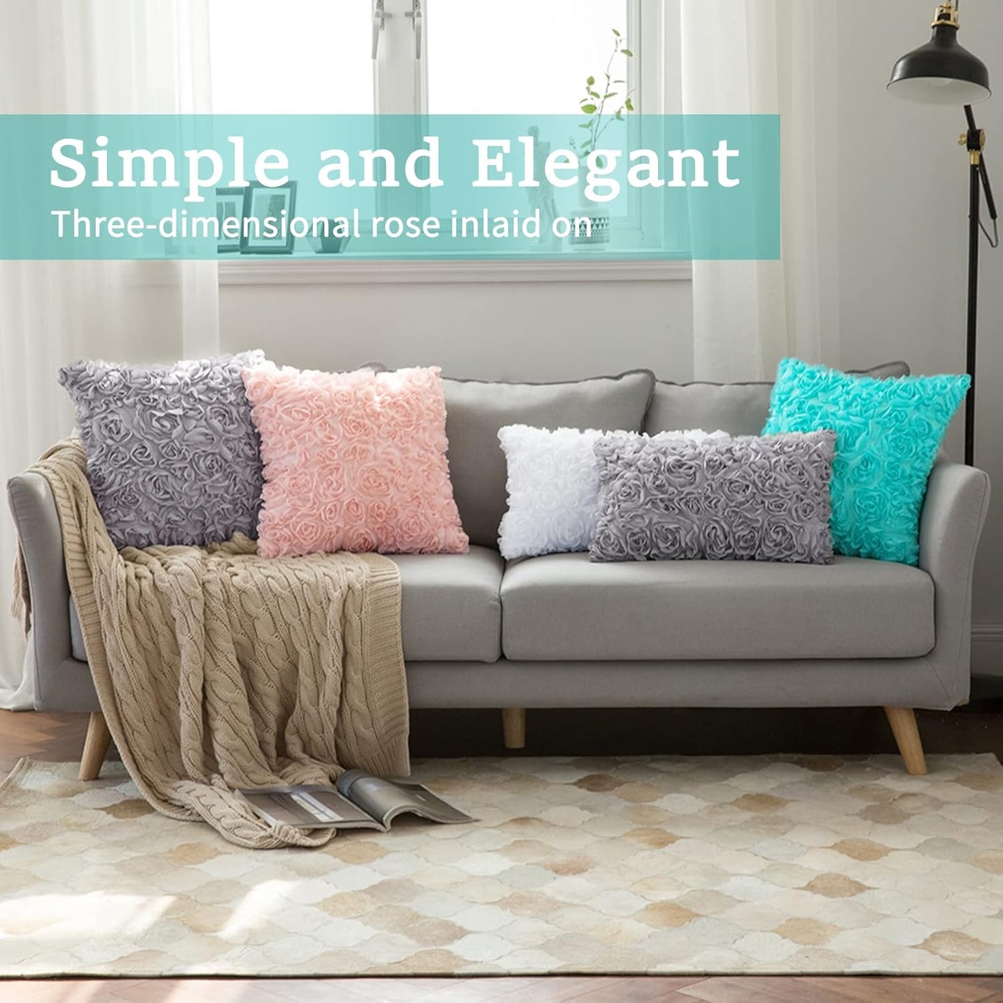 3D Decorative Spring Romantic Stereo Chiffon Rose Flower Pillow Cover with Pillow Inserts 12X20 Inch