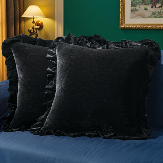 Velvet Ruffle Throw Pillow Covers Soft Luxurious Black Pack of 2 18X18 Inch Square Cushions Vintage Gothic Decorative Ruffled Pillow Shams for Sofa Couch Bedroom Chair