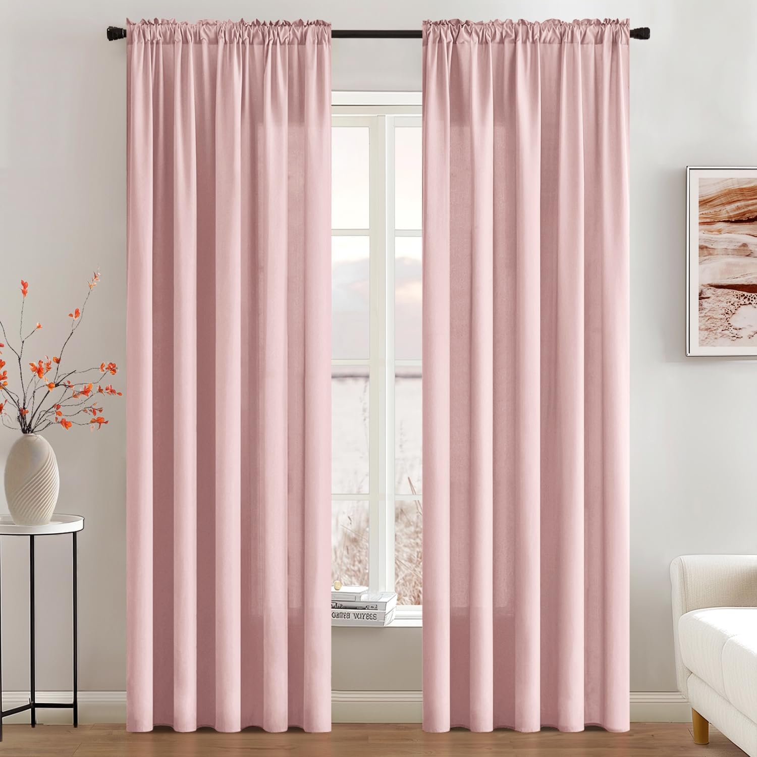 Baby Pink Privacy Sheer Curtains That Let Light in 84 Inches Long Non-See-Through Semi Sheer Curtain Light Filtering Window Curtains Drapes for Living Room Bedroom 2 Panels Set