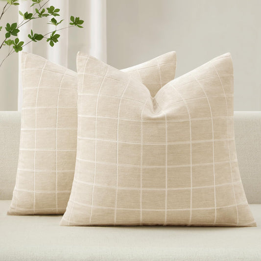 Decorative Chenille Check Throw Pillow Covers Vintage Plaid Couch Pillows 18X18 Inch Set of 2 Neutral Boho Farmhouse Cushion Covers Modern Home Decor for Sofa Bed Living Room Beige