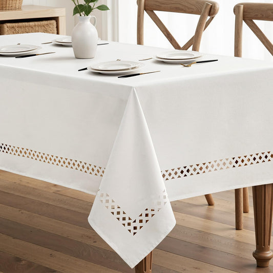 White Rectangle Linen Tablecloth with Decorative Cutouts Waterproof Stain Resistant & Shrink-Proof Table Cloth 52X70 Inch Farmhouse Style for Dining Wedding Party and Outdoor Picnics