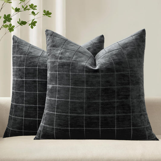 Decorative Chenille Check Throw Pillow Covers Vintage Plaid Couch Pillows 18X18 Inch Set of 2 Neutral Boho Farmhouse Cushion Covers Modern Home Decor for Sofa Bed Living Room Black