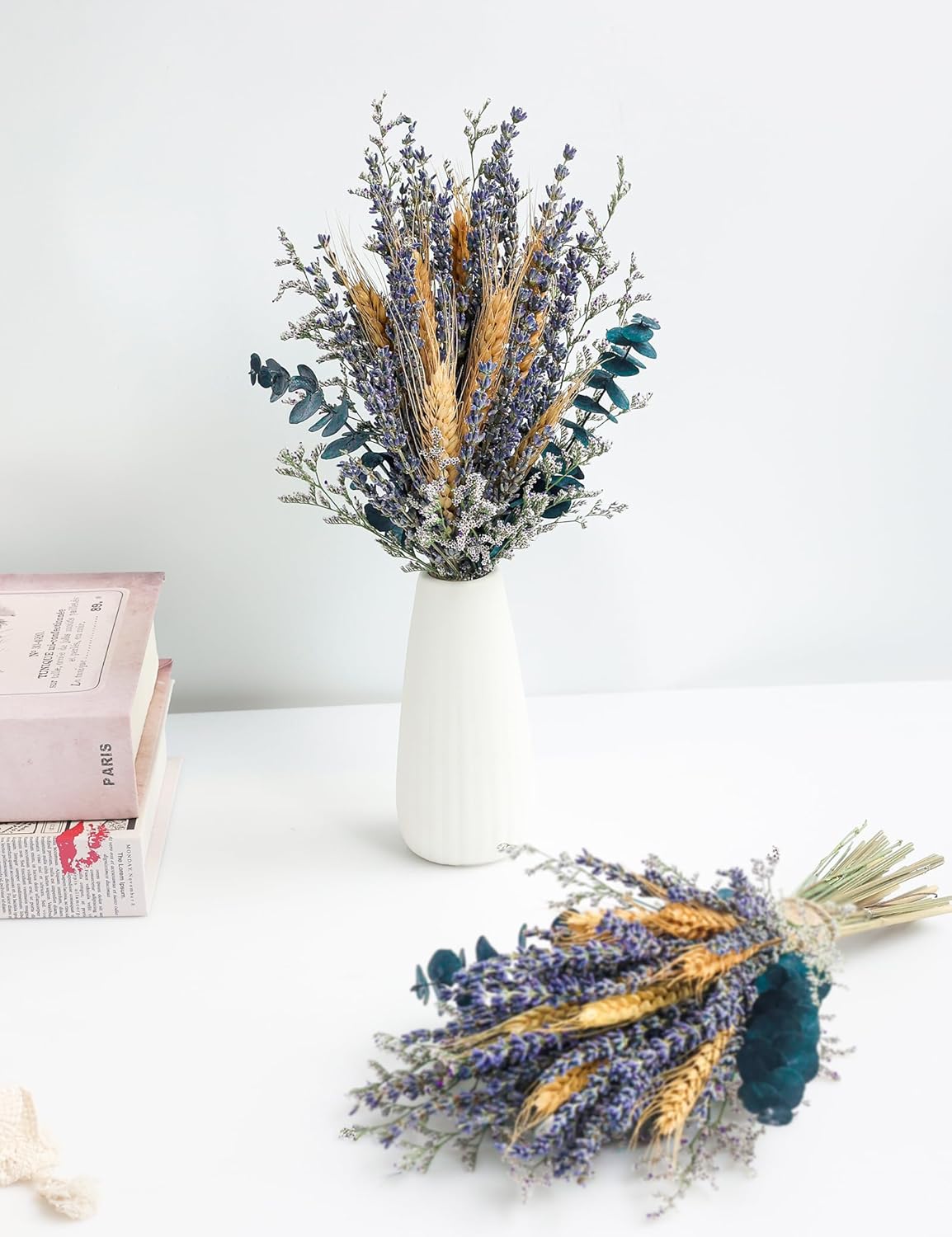 Lavender Bouquets with Vases, Dried Flower Bouquets with Ceramic Vases, Wedding Party Decorations, Farmhouse Decorations, Wedding Table Centerpieces (Lavender)