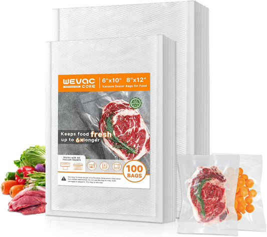 Vacuum Sealer Bags – 100 Count (6″×10″ & 8″×12″), Heavy-Duty Bpa-Free Food Storage Bags, Puncture-Resistant, Freezer & Sous Vide Safe, Compatible with All Vacuum Sealers