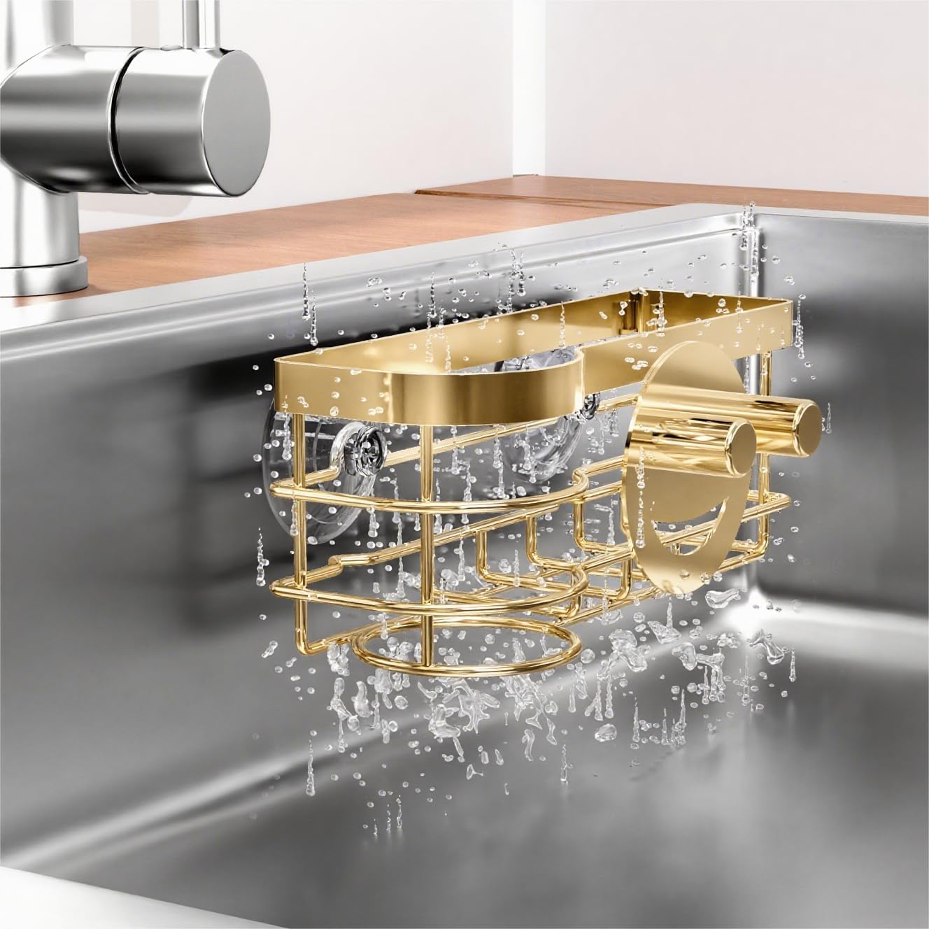 Gold Smiley Sponge Holder for Kitchen Sink Caddy, Stainless Steel Movable Brush Holder Dish Cloth Hanger, Suction Cup Sink Organizer Scrubbe