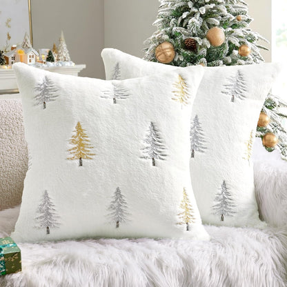 Christmas Decorative Pillow Covers Set of 2 Faux Fur Throw Pillows with Embroidered Christmas Tree 18X18 Inch White Gold Winter Couch Covers for Festival Sofa Bedroom Living Room Home Decor