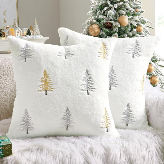 Christmas Decorative Pillow Covers Set of 2 Faux Fur Throw Pillows with Embroidered Christmas Tree 18X18 Inch White Gold Winter Couch Covers for Festival Sofa Bedroom Living Room Home Decor