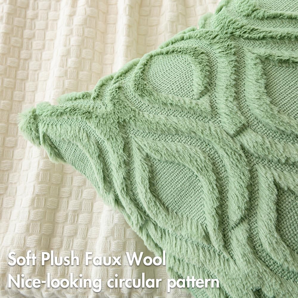 Sage Green Throw Pillow Covers 18X18 Inch, Soft Plush Faux Wool Couch Pillow Covers Set of 2 Decorative Farmhouse Boho Throw Pillows for Sofa Living Room Bed