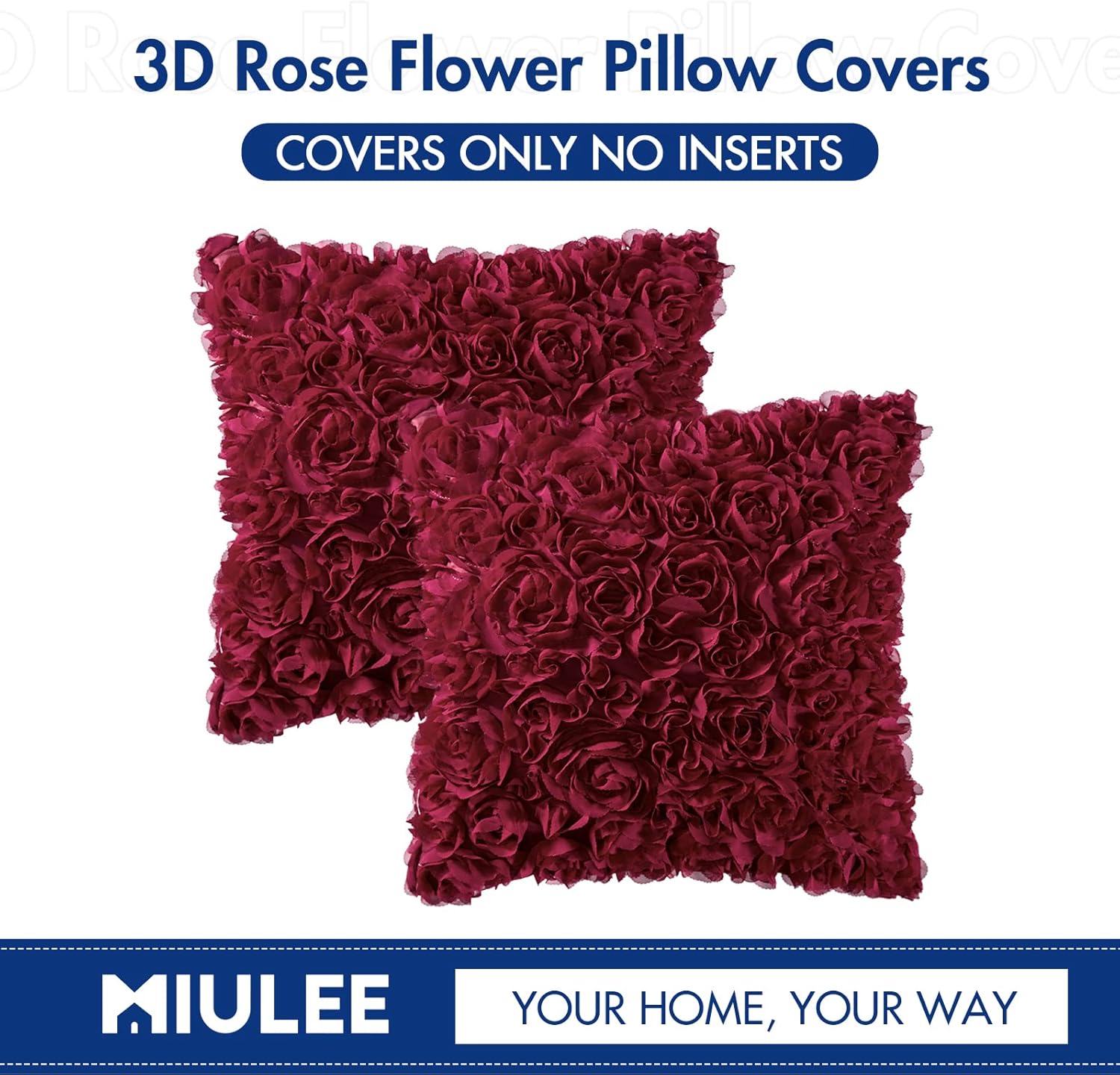 Pack of 2 3D Decorative Christmas Romantic Stereo Chiffon Rose Flower Pillow Covers Solid Square Festival Pillowcases for Valentines Day Sofa Bedroom Car 18X18 Inch Wine Red Wedding