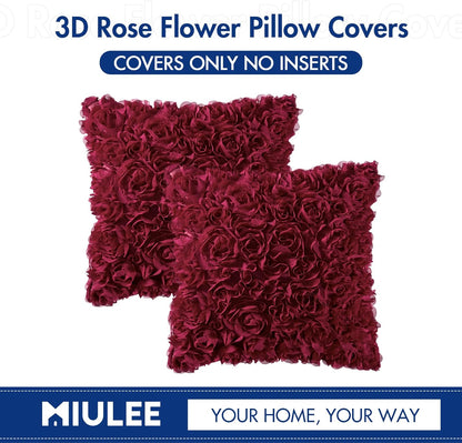 Pack of 2 3D Decorative Christmas Romantic Stereo Chiffon Rose Flower Pillow Covers Solid Square Festival Pillowcases for Valentines Day Sofa Bedroom Car 18X18 Inch Wine Red Wedding