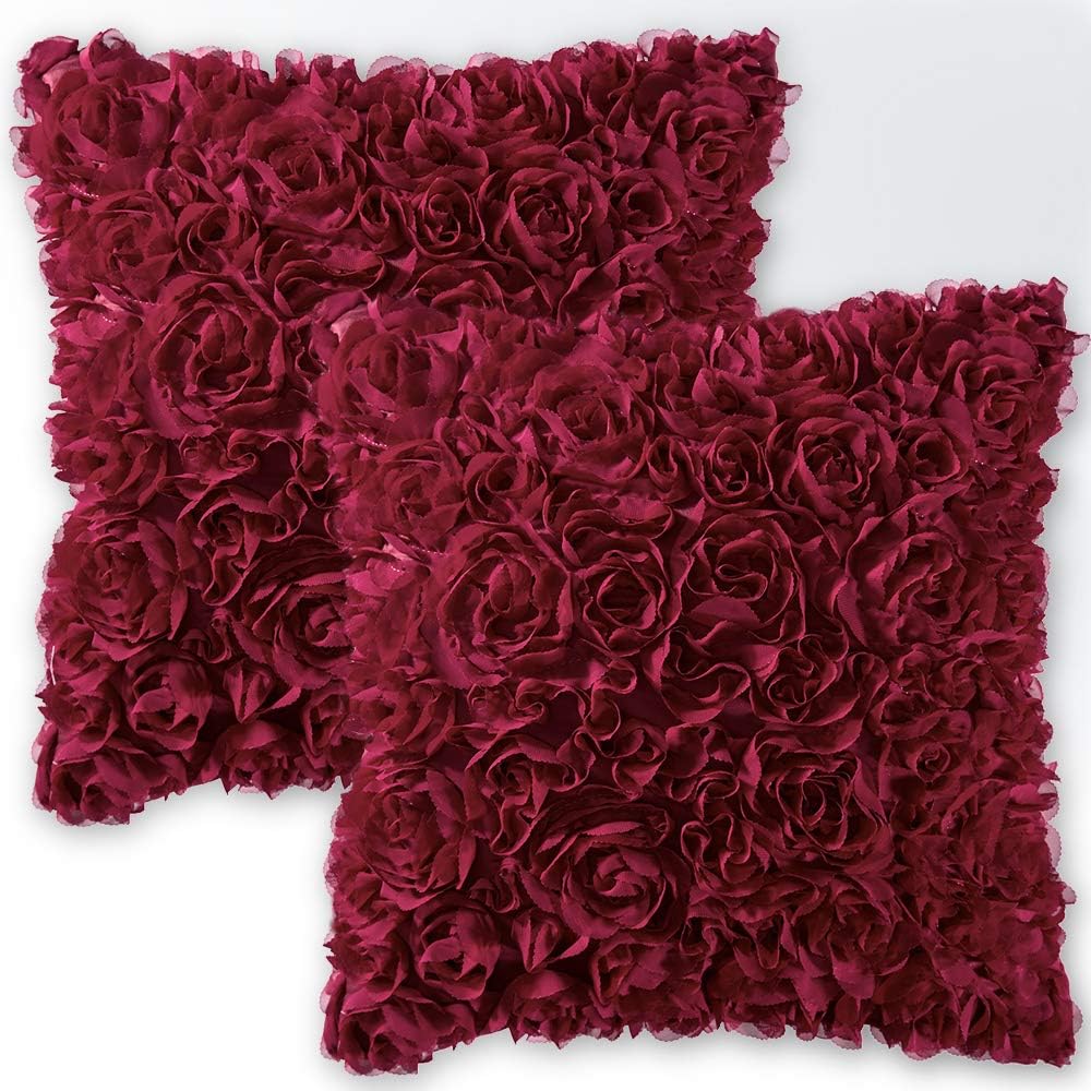 Pack of 2 3D Decorative Christmas Romantic Stereo Chiffon Rose Flower Pillow Covers Solid Square Festival Pillowcases for Valentines Day Sofa Bedroom Car 18X18 Inch Wine Red Wedding