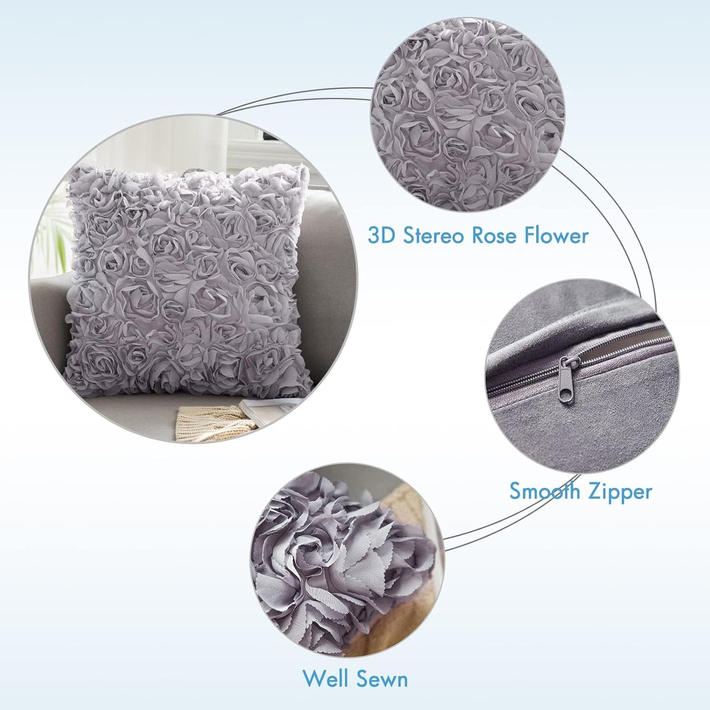 Pack of 2 3D Decorative Romantic Stereo Chiffon Rose Flower Pillow Covers Solid Square Pillowcases for Valentines Day Decoration Sofa Bedroom Car 16X16 Inch 40X40Cm Grey Wedding