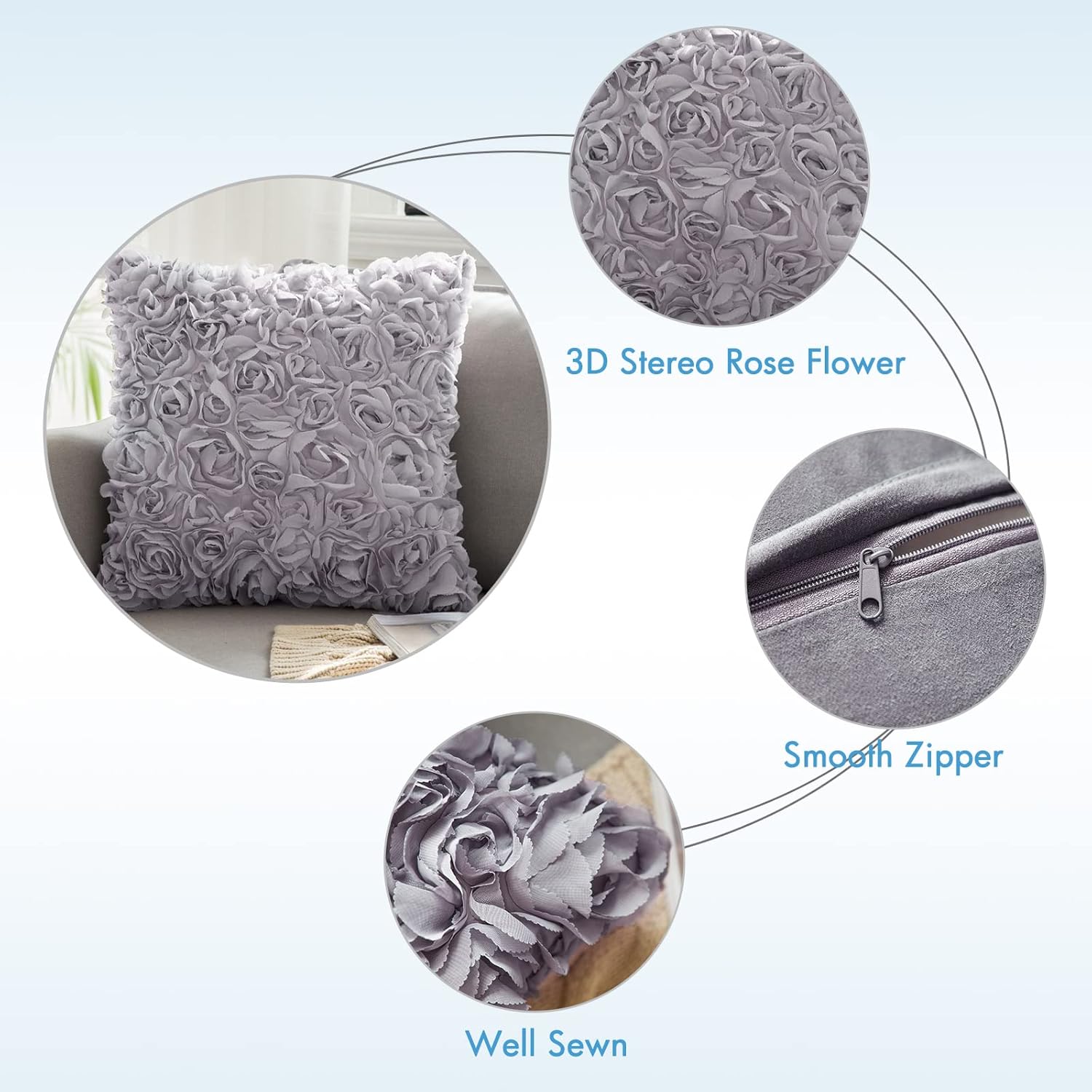 Pack of 2 3D Decorative Romantic Stereo Chiffon Rose Flower Pillow Covers Solid Square Pillowcases for Valentines Day Decoration Sofa Bedroom Car 16X16 Inch 40X40Cm Grey Wedding