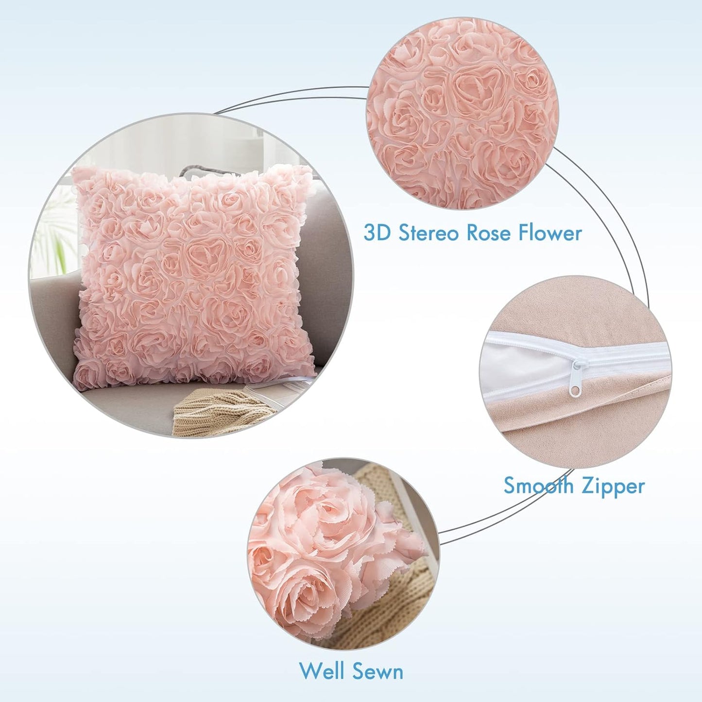 Pack of 2 3D Decorative Spring Romantic Stereo Chiffon Rose Flower Pillow Covers Solid Square Pillowcases for Valentines Day Decoration Sofa Bedroom Car 16X16 Inch 40X40Cm Peach Pink Wedding