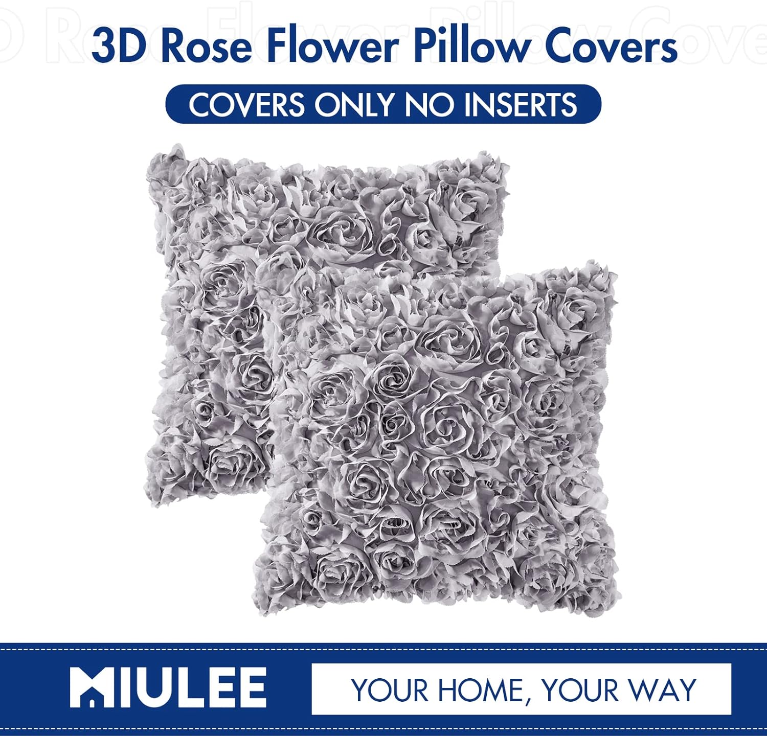 Pack of 2 3D Decorative Romantic Stereo Chiffon Rose Flower Pillow Covers Solid Square Pillowcases for Valentines Day Decoration Sofa Bedroom Car 16X16 Inch 40X40Cm Grey Wedding