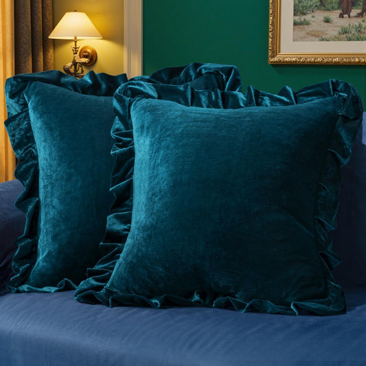 Velvet Ruffle Throw Pillow Covers Soft Luxurious Teal Pack of 2 18X18 Inch Square Cushions Vintage Gothic Decorative Ruffled Pillow Shams for Sofa Couch Bedroom Chair