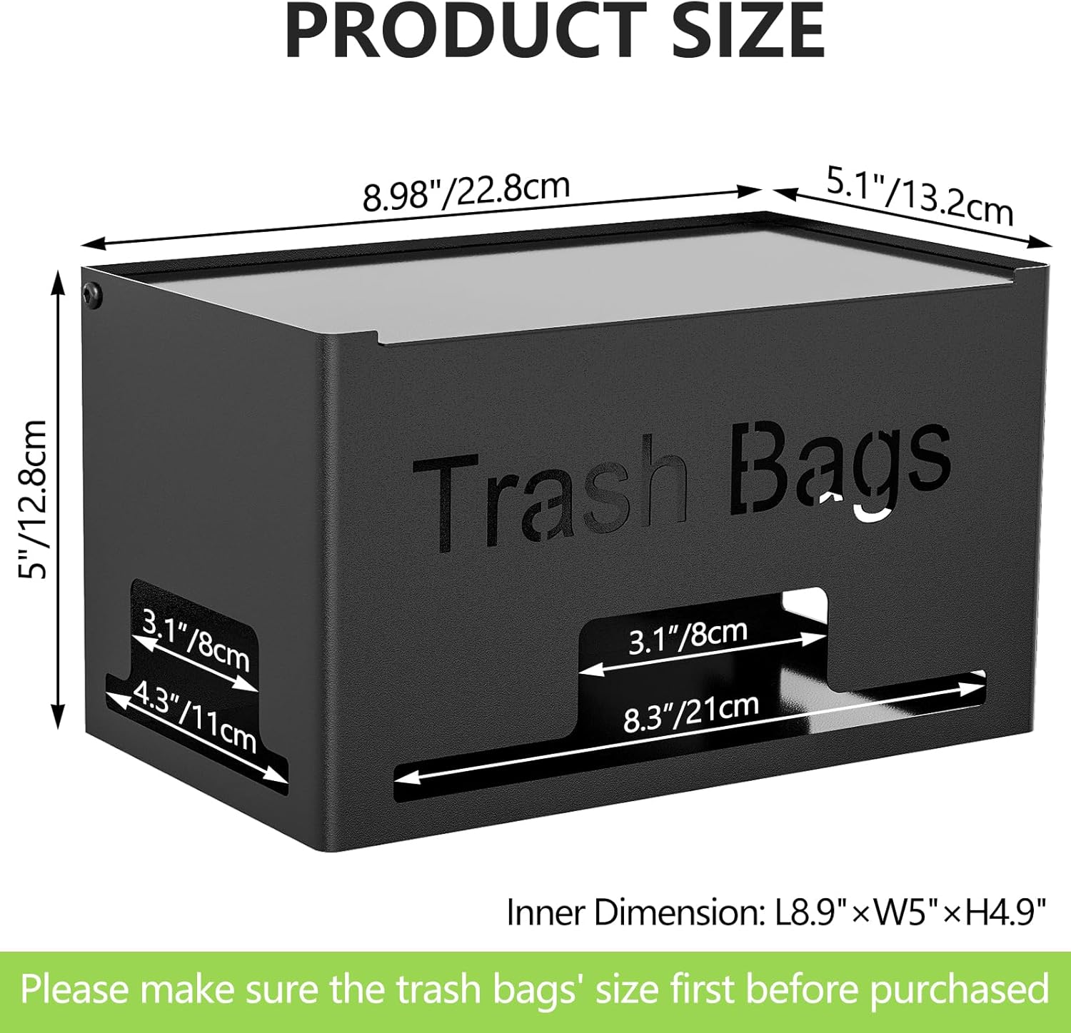 Trash Bag Holder, Metal Trash Bag Dispenser Roll Holder, Kitchen Trash Bag Organizer for Cabinet, Countertop, Wall Mounted or Freestanding, Black