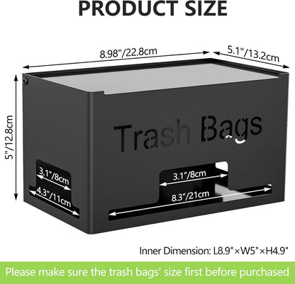 Trash Bag Holder, Metal Trash Bag Dispenser Roll Holder, Kitchen Trash Bag Organizer for Cabinet, Countertop, Wall Mounted or Freestanding, Black