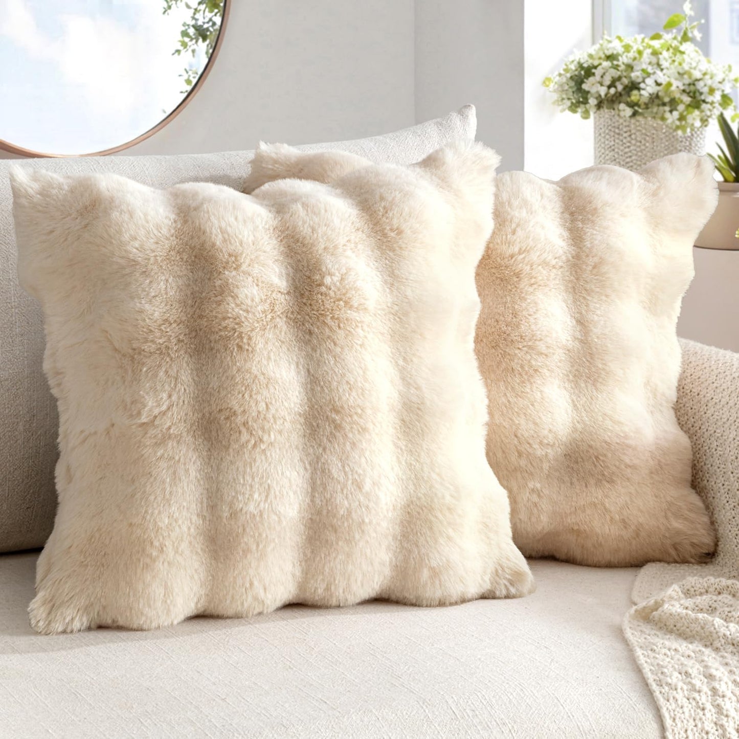 Pack of 2 Decorative Pillow Covers Thick Soft Plush Faux Fur Throw Pillows Luxury Home Decor for Couch Bedroom Living Room Sofa,20X20 Inch Beige