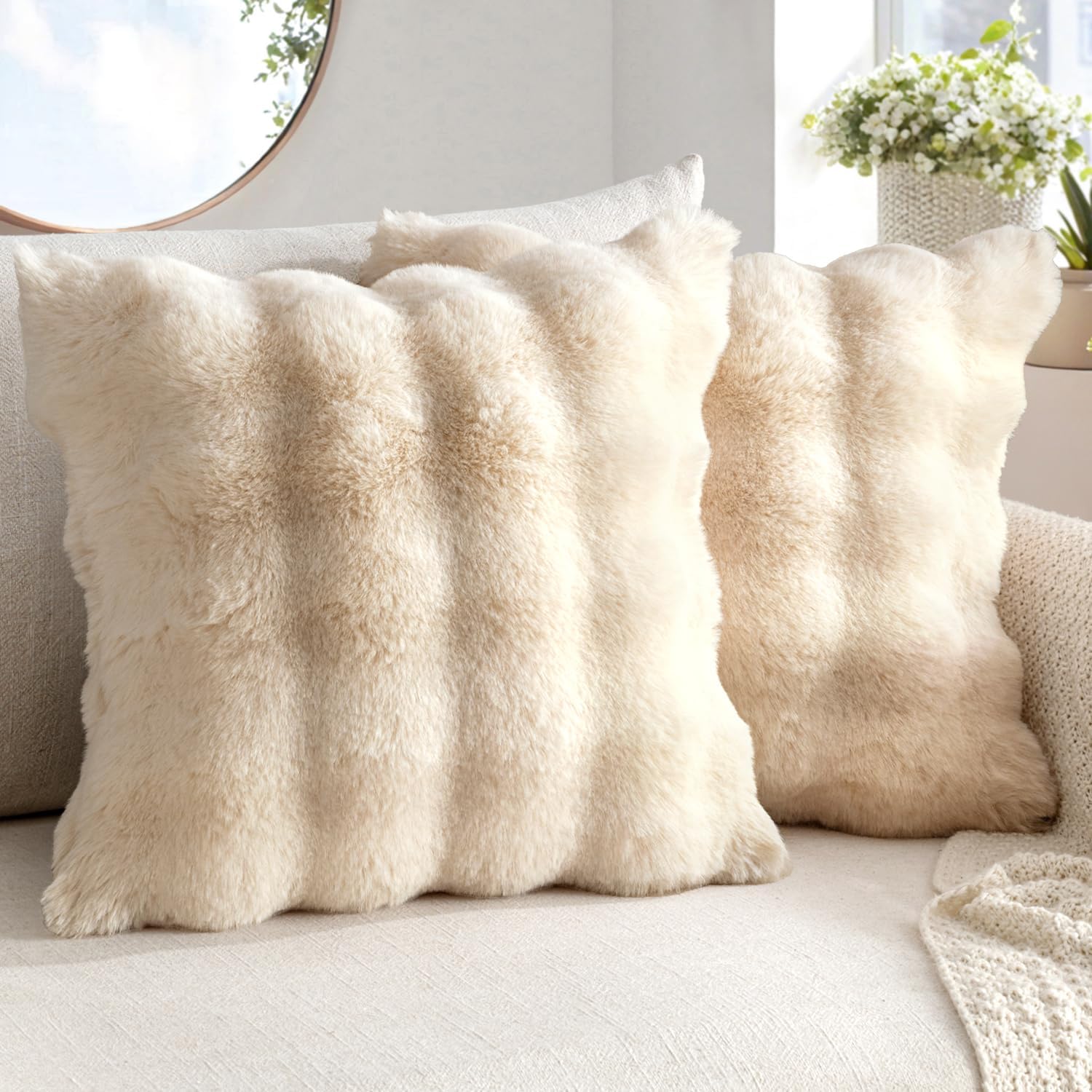 Pack of 2 Decorative Pillow Covers Thick Soft Plush Faux Fur Throw Pillows Luxury Home Decor for Couch Bedroom Living Room Sofa,20X20 Inch Beige