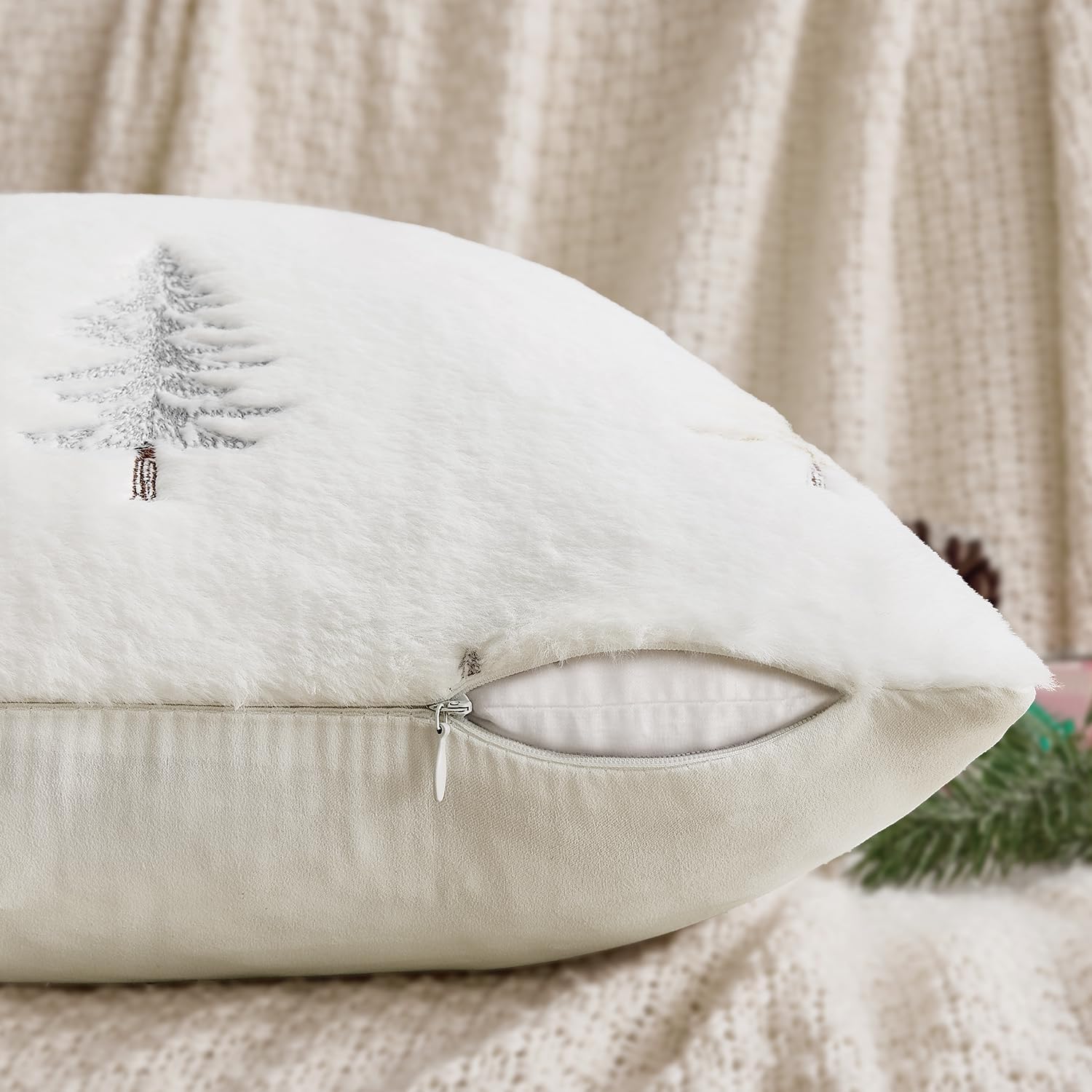 Christmas Decorative Pillow Covers Set of 2 Faux Fur Throw Pillows with Embroidered Christmas Tree 18X18 Inch White Gold Winter Couch Covers for Festival Sofa Bedroom Living Room Home Decor