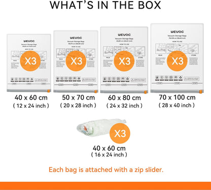 15 Pack Vacuum Storage Bags (3 Jumbo/3 Large/3 Medium/3 Small/3 Roll) | Space Saver | Rapid Vacuum | Double Zip Seal | Clip Stopper | Ideal for Clothes, Blankets Compression and Travelling